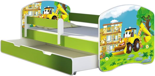ACMA Kinderbett Jugendbett mit Einer Schublade und Matratze Grün mit Rausfallschutz Lattenrost II 140x70 160x80 180x80 (20 Bagger, 180x80 + Bettkasten)