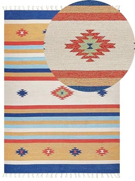 Kelim Teppich Baumwolle mehrfarbig 140 x 200 cm geometrisches Muster Kurzflor TARONIK