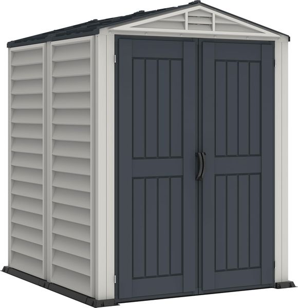 Duramax YardMate PLUS 5x5 (2.92 m²) Kunststoff gerätehaus mit robustem Kunststoffboden, Dachkonstruktion aus robustem Metall, feuerhemmend und wartungsfrei, Dunkelgrau und Adobe
