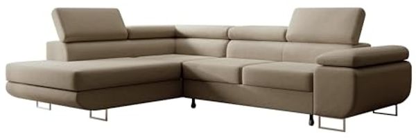 Selsey STEVIL - Ecksofa L-Sofa mit Schlaffunktion, Bettkasten, Ottomane links, Veloursbezug Beige Bild 4