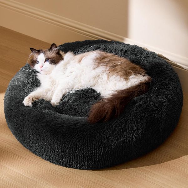 BEDSURE Hundebett waschbar Flauschiges Katzenbett - Ø 50 cm Donut Kissen, Katzenschlafplatz für Katzen Kleine Mittelgroße Hunde, Plüsch Katzenkissen Rund Kuschelbett Katzen Bettchen, Dunkelgrau