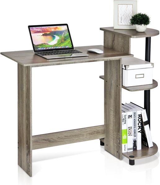 Furinno Compact Computer Schreibtisch, PC-Tisch, Bürotisch, mit Regalen, Französische Eiche/Schwarz, 99 (Breite) x 85.3 (Höhe) x 39.4 (Tiefe) cm