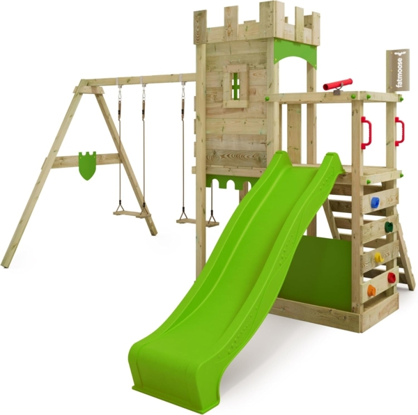 FATMOOSE Spielturm Ritterburg BoldBaron mit Schaukel & apfelgrüner Rutsche, Spielhaus mit Sandkasten, Leiter & Spiel-Zubehör