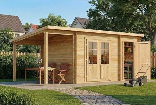 Alpholz Pultdach Gartenhaus Maria mit Anbau & Schleppdach Gartenhaus aus Holz Holzhaus mit 40 mm Wandstärke inklusive Schleppdach Blockbohlenhaus mit Montagematerial