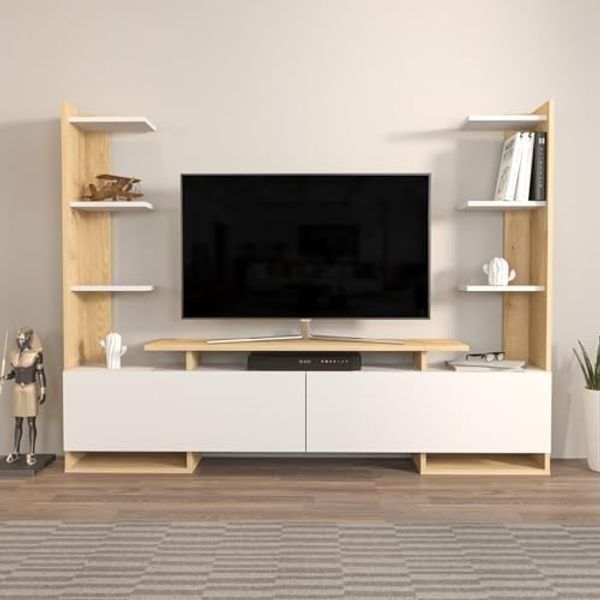 Hanah Home Stylish TV Stand, White & Oak, 183.6 x 140 x 31.7 cm | 100% Melamine Coated Particle Board, 18 mm Thick | Modern Design for Living Room & Entertainment Spaces