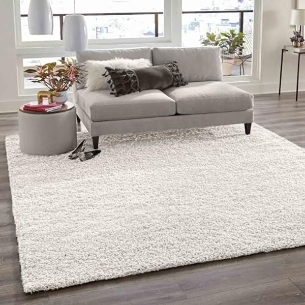 VIMODA Teppich Prime Shaggy Hochflor Einfarbig Weiss Creme Weich für Wohnzimmer, Schlafzimmer, küche, Maße:200 cm Quadrat