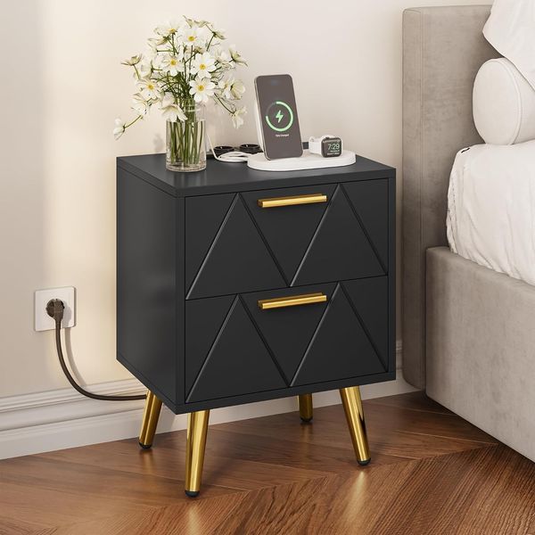 YITAHOME Nachttisch mit 2 Schubladen, 2 USB-Anschlüssen und Steckdosen, Nachtkommode mit Goldenen Metallbeinen und Griffen, Beistelltisch mit Stauraum für Wohnzimmer, Schlafzimmer, 40 x 30 x 52 cm, Schwarz