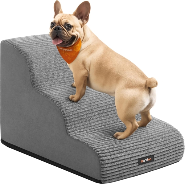 Feandrea Hundetreppe, 3 Stufen, Haustiertreppe, für kleine Hunde, Bett, Sofa, wasserdichte Katzentreppe, rutschfest, gringe Neigung, abnehmbarer waschbarer Bezug, Griff, taubengrau PPSDE003G01