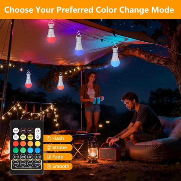 Dehobo Glühbirne Mit Fernbedienung E27 Aufladbare Glühbirne - 7W Glühbirne Mit Batterie Camping Lampe RGB Dimmbare - Akku Lampen Mit Timing Funktion für Weihnachten, Outdoor Lampe 2 Pack Bild 3