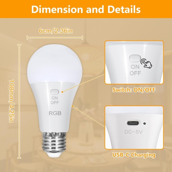 Dehobo Glühbirne Mit Fernbedienung E27 Aufladbare Glühbirne - 7W Glühbirne Mit Batterie Camping Lampe RGB Dimmbare - Akku Lampen Mit Timing Funktion für Weihnachten, Outdoor Lampe 2 Pack Bild 8