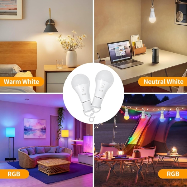 Dehobo Glühbirne Mit Fernbedienung E27 Aufladbare Glühbirne - 7W Glühbirne Mit Batterie Camping Lampe RGB Dimmbare - Akku Lampen Mit Timing Funktion für Weihnachten, Outdoor Lampe 2 Pack Bild 7