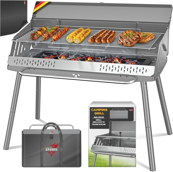 KESSER® Klappgrill tragbarer Camping Grill | Holzkohlegrill aus pulverbeschichtetem Stahl inklusive Grillrost, Grillmatte & Tragetasche | Faltbar BBQ ideal für Camping, Picknick & Angeln Silber, Mit Beine