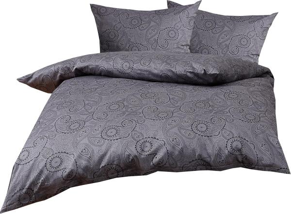 Bettwaesche-mit-Stil Mako-Satin Damast Paisley Bettwäsche "Davos" schwarz-grau Garnitur 240x220 + 2x 80x80