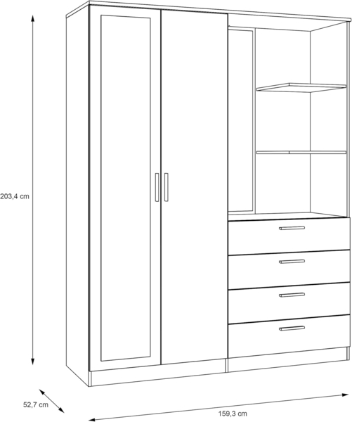 FORTE DEWANIA Kleiderschrank 160, Schrank mit offenen Regalfächern und Spiegel, Holzwerkstoff, Weiß, 159,3 cm breit, 203,4 cm hoch, 52,7 cm tief Bild 2