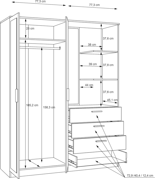 FORTE DEWANIA Kleiderschrank 160, Schrank mit offenen Regalfächern und Spiegel, Holzwerkstoff, Weiß, 159,3 cm breit, 203,4 cm hoch, 52,7 cm tief Bild 8