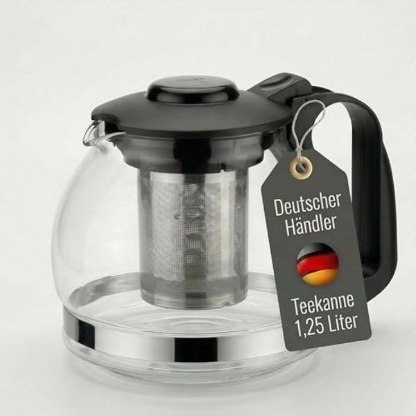 Lantelme Teekanne Glas 1,25 Liter mit Sieb Kanne Deckel Borosilikatglas Glaskanne Tee, (1-St), mit Edelstahl Teesieb, aus Borosilikatglas, mit Griff und Deckel