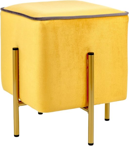 Baroni Home Quadratischer Samt-Pouf-Fußhocker, gepolsterter Wohnzimmer-Pouf, Ottomane für das Schlafzimmer, gelb mit ockerfarbener Umrandung, 33 x 33 x 38 cm