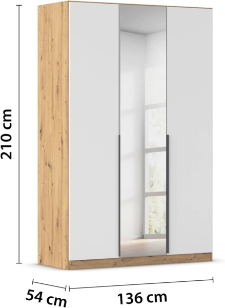 Rauch Möbel Alabama, Kleiderschrank, Garderobenschrank, 3-türig, Spiegel, Zubehör Classic, 2 Kleiderstangen, 5 Einlegeböden, Farbe Weiß/Eiche Artisan, Holz, Griff Grau metallic, 136 x 210 x 54 cm Bild 3