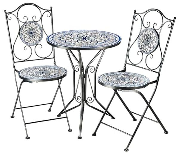 Kobolo Balkonset Sitzgruppe Gartenmöbel Tisch Stühle Metall Mosaik blau weiß, (3-tlg)