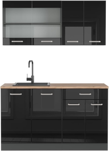 Singleküche R-Line Schwarz Hochglanz/Anthrazit 140 cm ohne Arbeitsplatte Vicco
