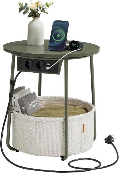 Vasagle Beistelltisch rund mit Ladestation, kleiner Tisch mit Steckdose, Couchtisch, USB-Anschlüsse, Stoffkorb, Wohnzimmer Schlafzimmer, Nachttisch modern, Waldgrün-Cremeweiß, 45 x 50 cm