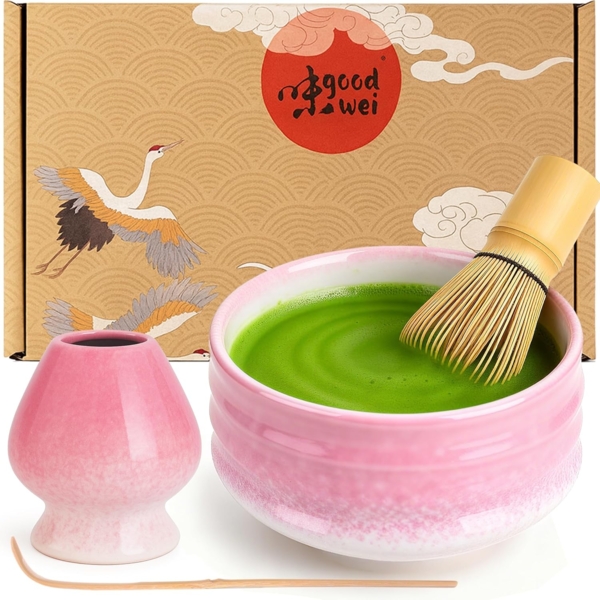 Goodwei Teeschale Matcha-Set "Sakura" 80 mit Teeschale, Matchabesen und Besenhalter, 4-tlg, Keramik