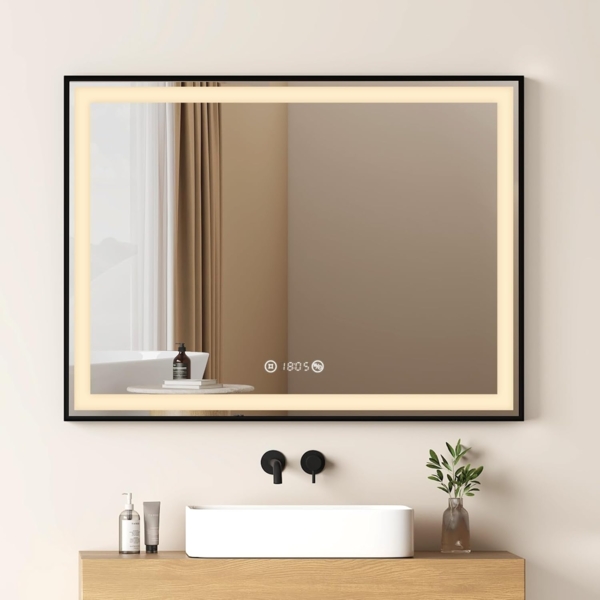 EMKE Badspiegel mit Beleuchtung 80x60cm Badspiegel Schwarzer Rand LED Badezimmerspiegel mit Touch, Antibeschlage, Uhr, Temperatur, Dimmbar, Memory-Funktion, Neutrale Beleuchtung Wandspiegel IP44