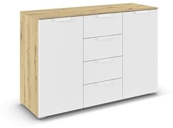 rauch Aditio Box, Kommode, 2-türig, 4 Schubladen, mit Softclose-Funktion, Farbe Weiß/Eiche Artisan, BxHxT 120x81x42cm