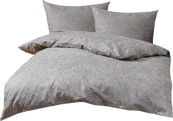 Bettwaesche-mit-Stil Mako-Satin Damast Paisley Bettwäsche "Davos" grün - grau Garnitur 200x200 + 2x 80x80