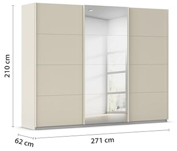 Rauch Möbel Kulmbach, Kleiderschrank mit Schwebetüren für Schlafzimmer, Kinderzimmer, Jugendzimmer, Garderobe, Flur, 3-türig, mit Spiegel, Zubehör Classic, Farbe Beige, Breite 271 cm Bild 3