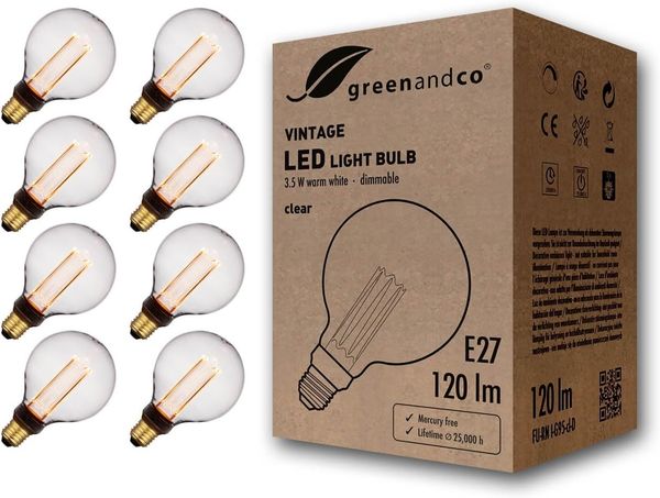 greenandco 8x dimmbare Vintage Design LED Birne zur Stimmungsbeleuchtung | E27 G95 | klar | 3,5W 120lm | 1800K extra warmweiß | 320° | 230V | flimmerfrei | Edison Glühbirne