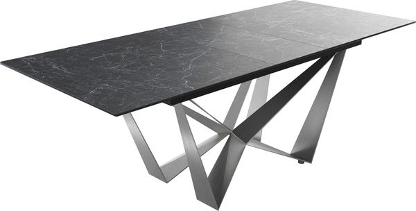 Esstisch Edge 180-220x100cm Keramik Laminam®Nero Greco Anthrazit Mittelfuß Flachstahl Silber ausziehbar