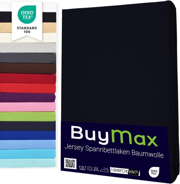 Buymax® Spannbettlaken 200x200 cm Doppelpack 100% Baumwolle Spannbetttuch Bettlaken Jersey, Matratzenhöhe bis 25 cm, Farbe Schwarz