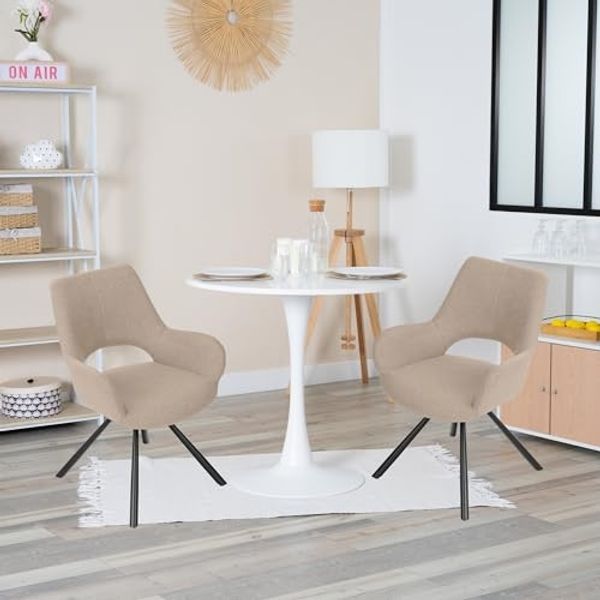MEUBLE COSY Esstisch mit 2 Esszimmerstühle, Essgruppen, 3er-Set, Runder Esstisch, Küchentisch mit 2 Essstühlen, Stahlgestell, für Esszimmer Küche Wohnzimmer, Weiß + Beige