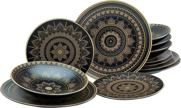 CreaTable 23588 Tafelservice Mandala für 4 Personen, Steinzeug, schwarz/gold (1 Set, 12-teilig)