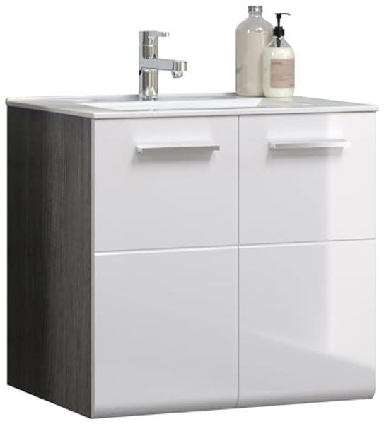 trendteam smart living - Riva - Waschbeckenunterschrank hängend - Weiß/Rauchsilber - Waschtisch mit 2 Türen und 1 Einlegeboden - (BxHxT) 60 x 57 x 46 cm - Hochglanz-Front
