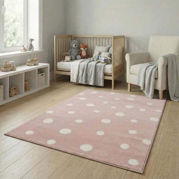 Jimri Kinderteppich DOTS l Pünktchen Gepunktet l Öko-Tex Siegel | Farbe: Beige Blau Rosa | Kinderzimmer/Jugendzimmer