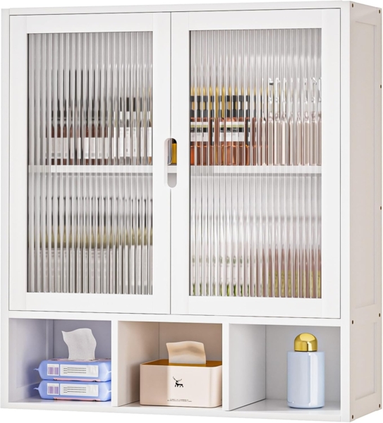 Yorbay Hängeschrank Bambus Badezimmerschrank (59x22x66 cm, Magnetverschluss & verstellbare Regale) Wandschrank mit Doppeltüren