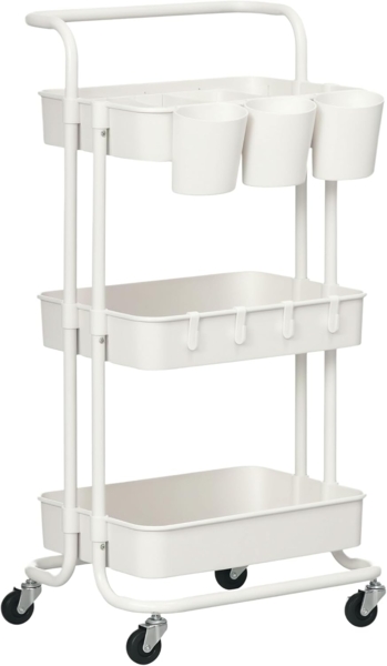 HOMCOM Servierwagen Rollwagen mit 3 Etagen, Ablagekörben, (Aufbewahrungswagen, 1 St, Küchenwagen mit Haken), Beistellwagen für Küche, Wohnzimmer, Stahl, Weiß
