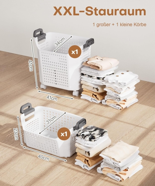 Yorbay Wäschekorb Wäschewagen mit Rollen (2 St, 2 stapelbare PP-Körbe), Praktischer Wäschesammler für Bad & Waschkeller Bild 2