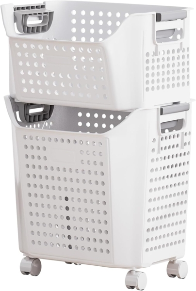 Yorbay Wäschekorb Wäschewagen mit Rollen (2 St, 2 stapelbare PP-Körbe), Praktischer Wäschesammler für Bad & Waschkeller