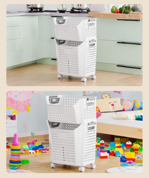 Yorbay Wäschekorb Wäschewagen mit Rollen (2 St, 2 stapelbare PP-Körbe), Praktischer Wäschesammler für Bad & Waschkeller Bild 9