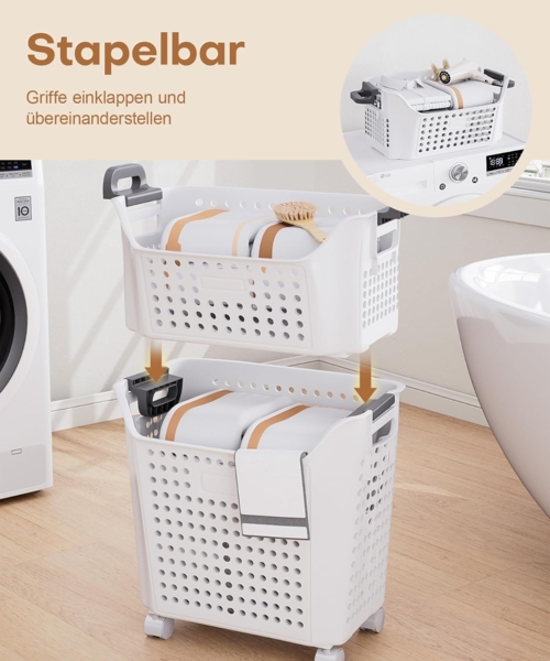 Yorbay Wäschekorb Wäschewagen mit Rollen (2 St, 2 stapelbare PP-Körbe), Praktischer Wäschesammler für Bad & Waschkeller Bild 3