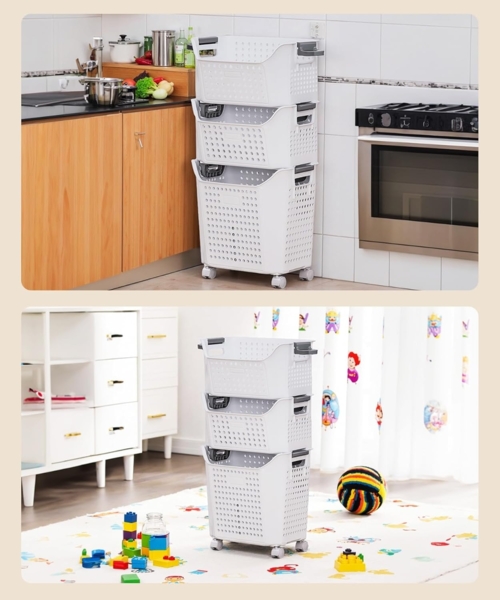 Yorbay Wäschekorb Wäschewagen mit Rollen (2 St, 2 stapelbare PP-Körbe), Praktischer Wäschesammler für Bad & Waschkeller Bild 8