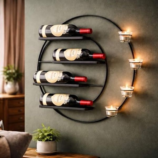 DanDiBo Weinregal für 4 Flaschen und Teelichter Metall 55 cm Wand Schwarz Vivace 96214 Rund Flaschenregal Flaschenhalter Wandmontage Modern Wandhalter Wandregal