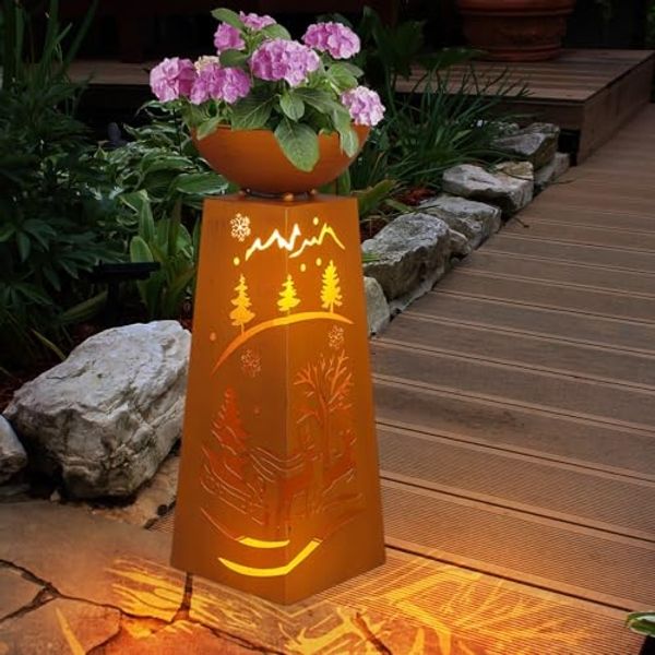 LED Dekosäule mit Blumenschale, Metall, Rost, H 59 cm