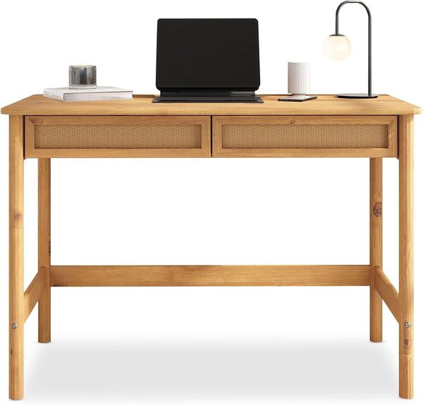 IDIMEX Schreibtisch RODRIGO, Tisch 110 cm breit aus Massivholz 2 Schubladen in Rattan Optik Kastani