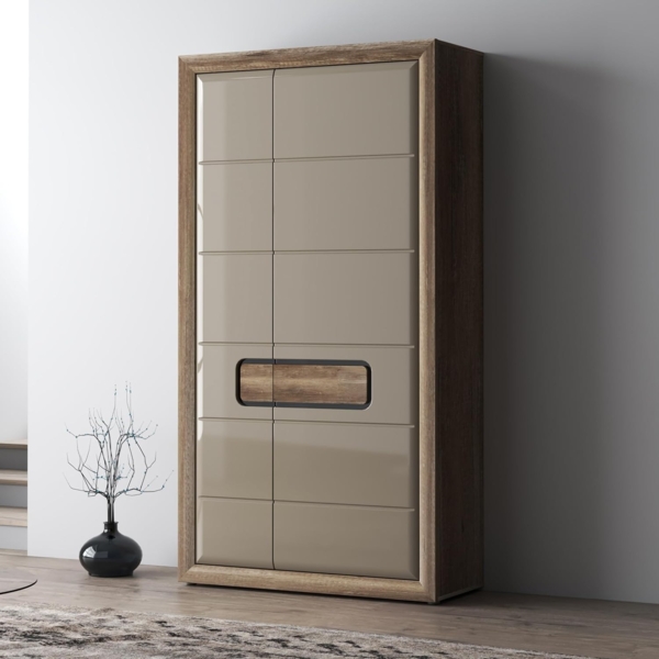 FORTE TIZANO Kleiderschrank 110, Schrank mit Hochglanzfronten, Zwei Drehtüren und Einlegeböden, Holzwerkstoff, Eiche Antik/Beige Glanz, 108,8 cm breit, 203,4 cm hoch, 54,2 cm tief