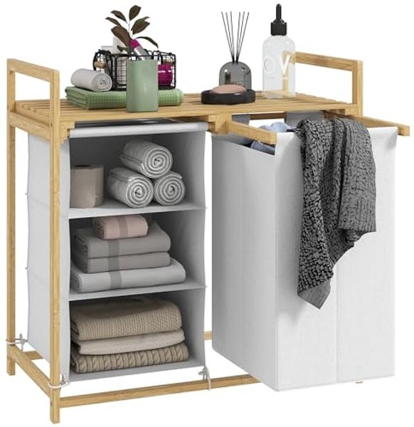 HOMCOM Wäschekorb mit 2 ausziehbaren & abnehmbaren Wäschesäcken aus Vliesstoff, Ablage (4 Fächer Wäschesammler, 1 St, Wäschebox mit Griff), Wäschesortierer 70 x 36 x 70 cm Bambus Weiß