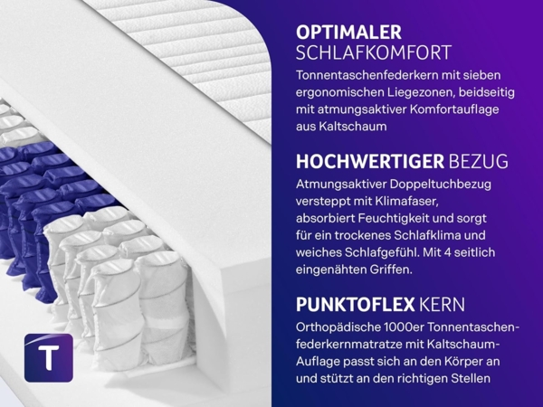 Traumnacht Exklusiv 7-Zonen 1. 000er Tonnentaschenfederkernmatratze mit Komfortauflage, 23 cm Premiumhöhe, Öko-Tex zertifiziert, Härtegrad 2 (H2), 100x220 cm, entwickelt in Deutschland Bild 3